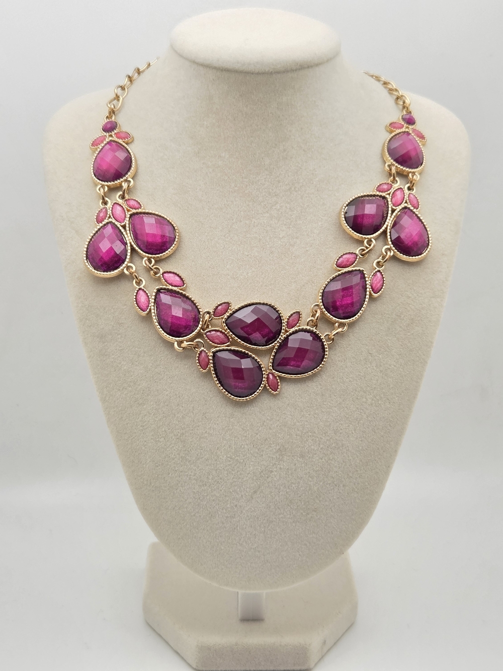 Magenta & Plum Teardrop Statement Necklace Gold Tone 19”